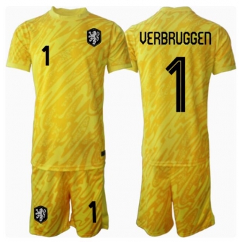 Paesi Bassi Bart Verbruggen #1 Portiere Maglia Gara Trasferta Repliche Europei 2024 Bambino